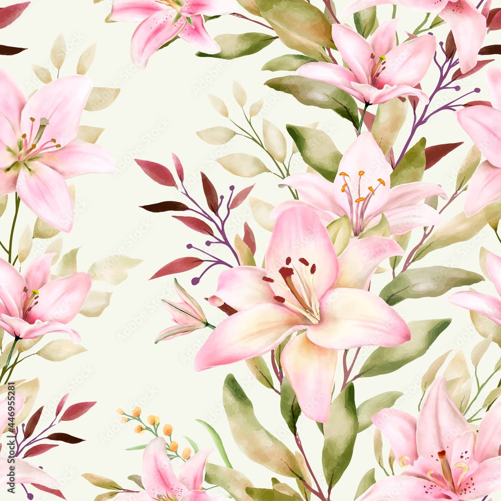 Beautiful Watercolor Lily Seamless Pattern