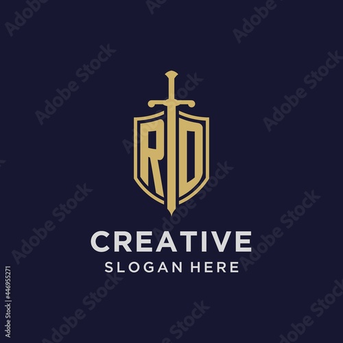 RD logo initial monogram with shield and sword design
