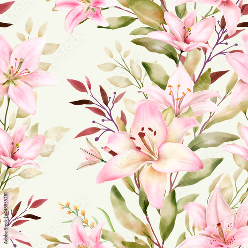 Fototapeta Naklejka Na Ścianę i Meble -  Beautiful Watercolor Lily Seamless Pattern