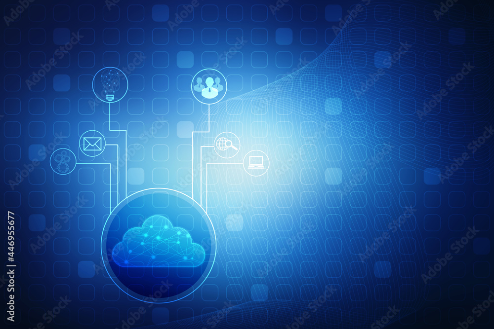 Fototapeta premium 2d illustration of Cloud computing, Digital Cloud computing Concept background. Cyber technology, internet data storage, database and data server concept