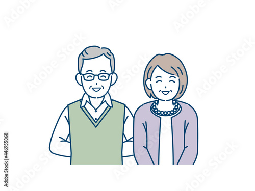 老夫婦　高齢者　年配　男女　笑顔　笑う　上半身　イラスト素材