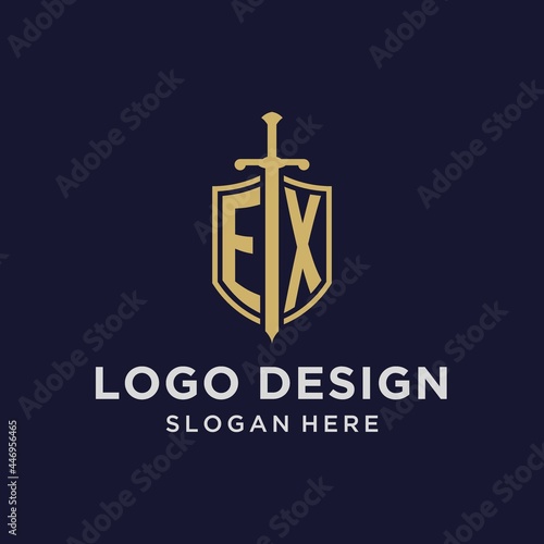 EX logo initial monogram with shield and sword design