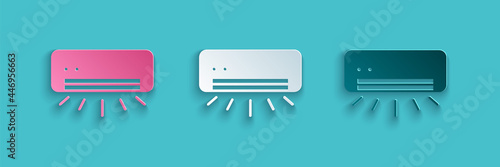 Paper cut Air conditioner icon isolated on blue background. Split system air conditioning. Cool and cold climate control system. Paper art style. Vector