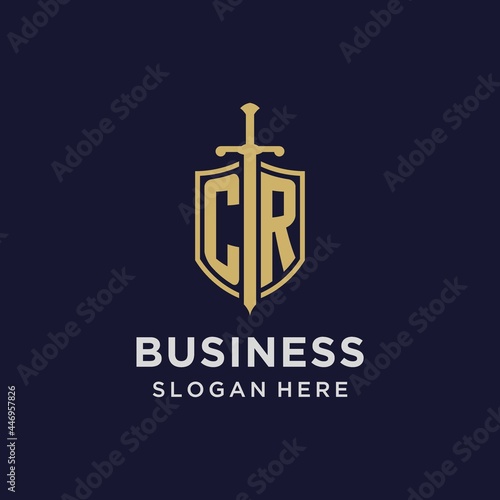 CR logo initial monogram with shield and sword design