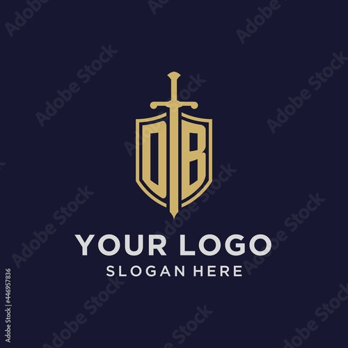 DB logo initial monogram with shield and sword design