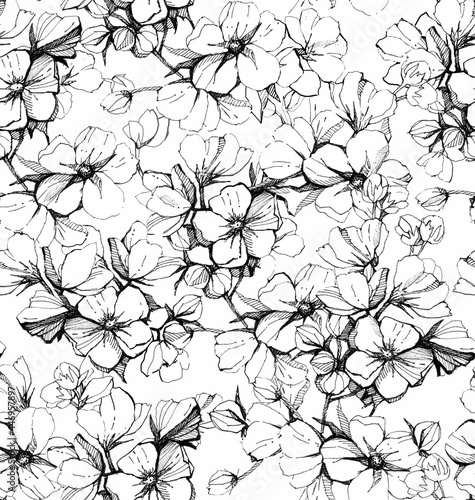 Abstract graphic seamless botanical pattern on white background for textile design, wallpaper, packaging, scrapbooking