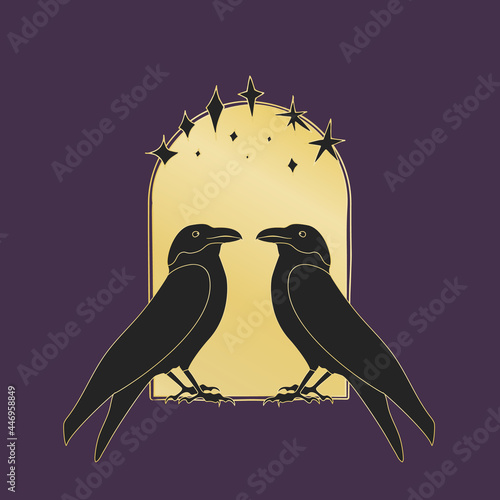 Vintage Gold and Black Mystic Crows and stars inside arch. Witch black ravens Illustration