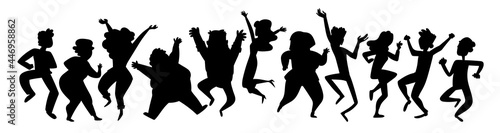 Black silhouettes dancing people. Group of people jumping up with raised hands