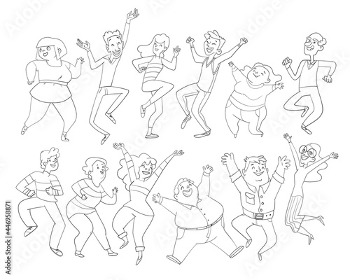 Dancing people. Group of people jumping up with raised hands men and women having fun or celebrating success