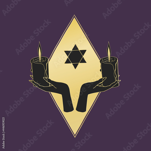 Vintage Gold and Black Mystic Hands holding candles with hexagram. Witch hands drawing Illustration