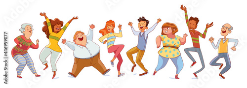 Dancing people. Group of people of different ages and nations jumping up with raised hands together having fun or celebrating success