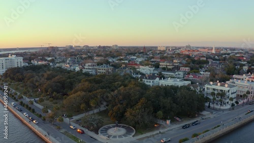 Flying over The Battery near the French Quarter in downtown Charleston