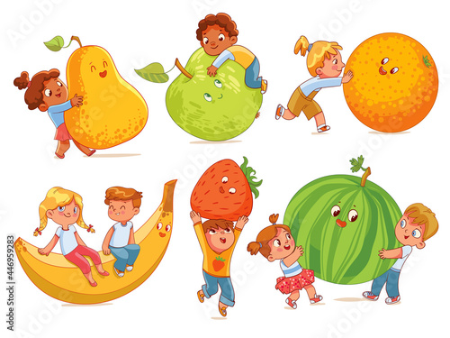 Small children holding big fruits