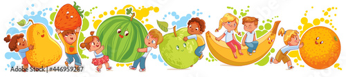 Cute little kids having fun and playing with big fruits