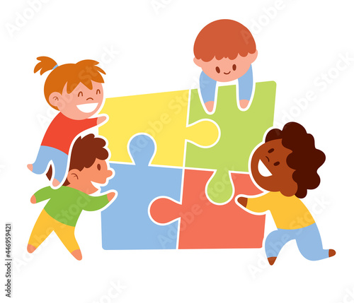 Children of different nationalities put together one puzzle