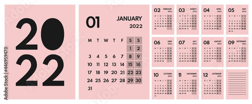 2022 full year monthly pink girls calendar vertical layout, monday first, two weekends, each month on separated page, ready for print