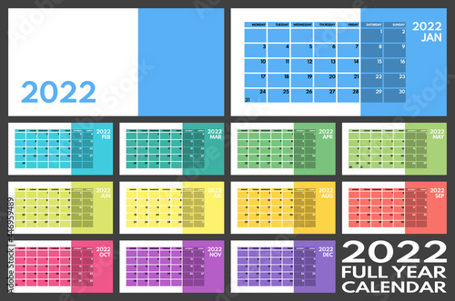 2022 full year monthly office planner or wall calendar horizontal grid layout, monday first, two weekends, each month on separated page, ready for print