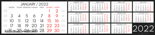 2022 full year monthly office planner or wall calendar horizontal grid layout, monday first, two weekends, each month on separated page, ready for print