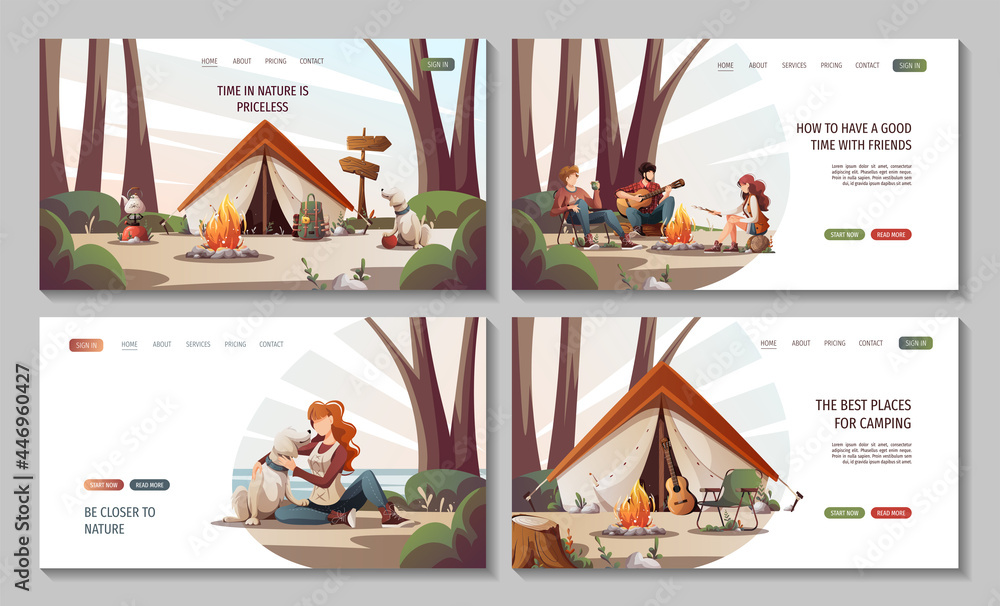 Set of web pages with people sitting in the campsite in nature. Summertime camping, traveling, trip, hiking, camper, nature, journey concept. Vector illustration for poster, banner, website. - obrazy, fototapety, plakaty 