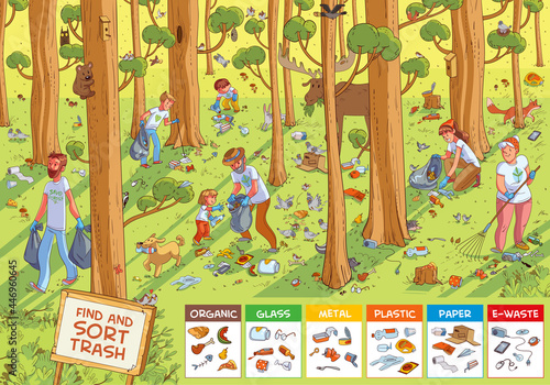 Find hidden objects in the picture. Find and sort the trash. Family collecting garbage