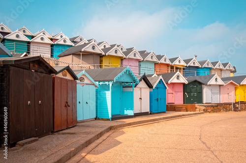 Row of Closed Beach Huts, Walton Pier, Walton-on-the-Naze, Essex, England