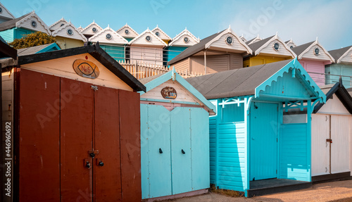 Row of Closed Beach Huts, Walton Pier, Walton-on-the-Naze, Essex, England