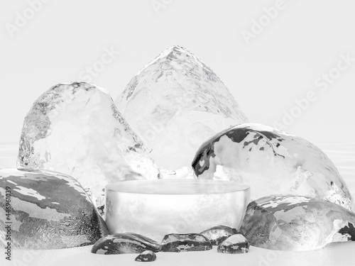 An ice stand for displaying your procuct 3D render, surrounded by ice stones on white background photo
