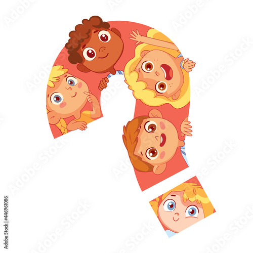 Children look out from a large question mark