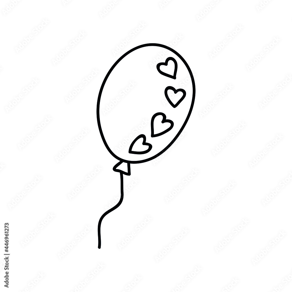 Single hand drawn balloon with hearts. Doodle vector illustration. Isolated on a white background. Single hand drawn balloon with hearts. Doodle vector illustration. Isolated on a white background.