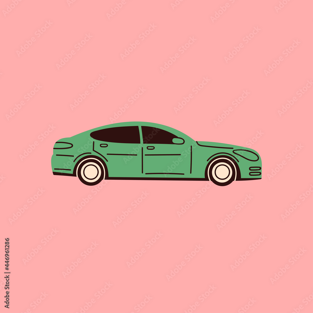 Green sedan. Side view. Colored isolated Icon. Logo, print template. Automobile, Vehicle, motor transport concept. Cartoon style. Hand drawn trendy Vector illustration