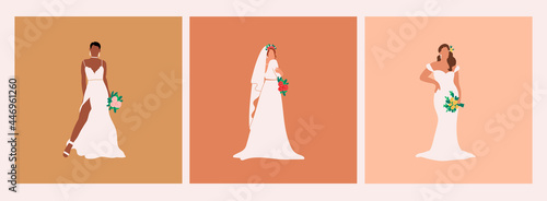 Young attractive Brides with bouquets. Full length view of elegant ladies posing with wedding flowers. Modern bridal look. Women standing in white wedding dresses. Hand drawn trendy Vector set