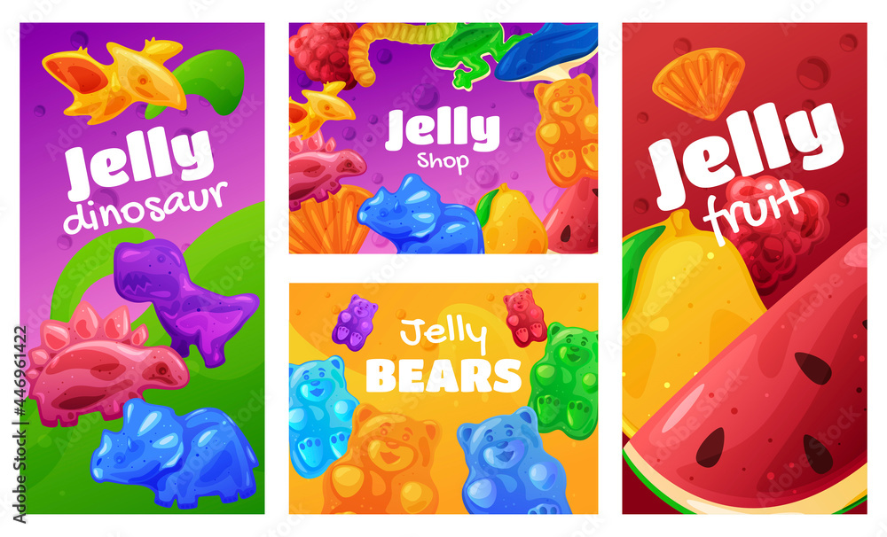 Collection of jelly shop vertical poster and horizontal banner vector flat illustration gummy sweets