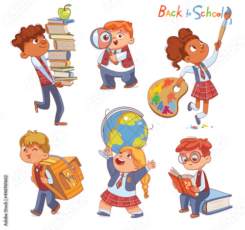 Back to school. Little children holding school stationery. Set
