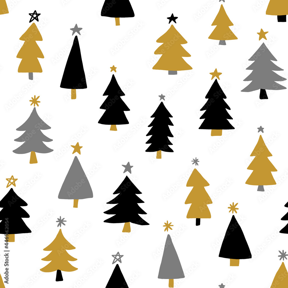 Obraz premium Seamless vector Christmas patter in modern scandinavian style. Hand drawn seamless background With trees and stars.