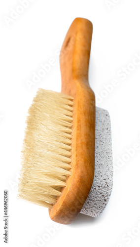 one boar bristles brush with Pumice foot stone, isolated on white background