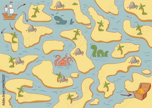 Find the right path on the map. Find pirate treasure. Old treasure map. Children puzzle
