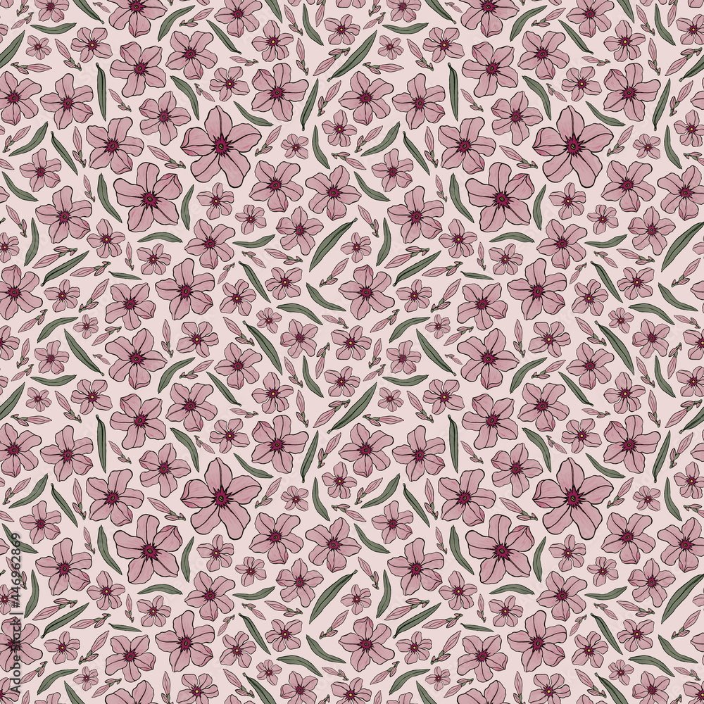 Fototapeta premium Seamless botanical pink pattern with oleander flowers 