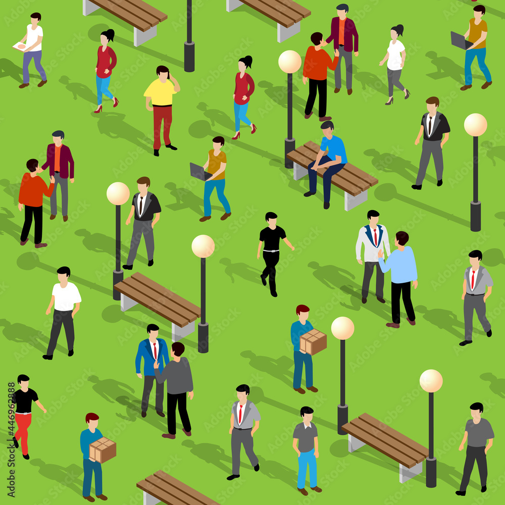 Fototapeta premium City park with people walking vacationers lifestyle scene