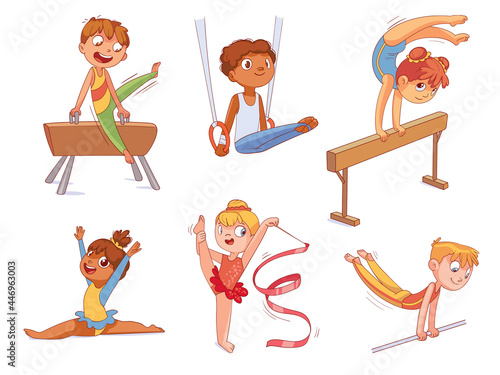 Rhythmic gymnastics. Kids Artistic gymnastics. Colorful cartoon characters