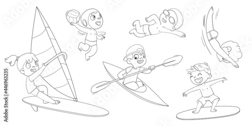 Water sports with children. Coloring book