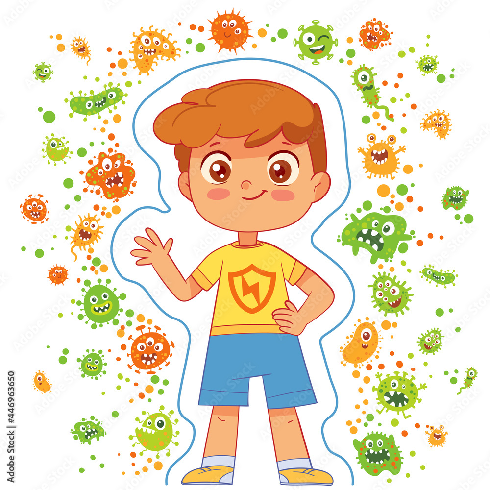 Protecting children from the virus. Funny cartoon character Protecting children from the virus. Funny cartoon character