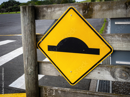 View of Road bump sign (W14-4). New Zealand road signs.