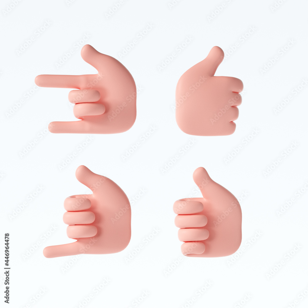 3D Cartoon hand gestures icons set on isolated white background. 3d render illustration