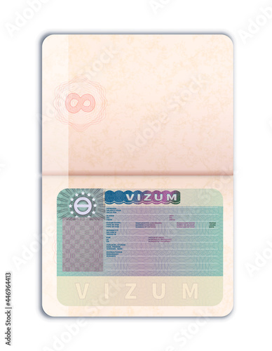 Open foreign passport with European Union visa realistic dummy template on white