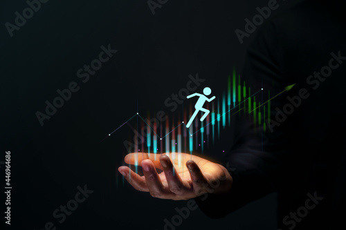 Customer Journey, Business Success Concept. Hand Gesture Supporting Customer,Shareholder, Partnership or Employee Jumping Forward to Reach a Goal, Strategic Graph as background