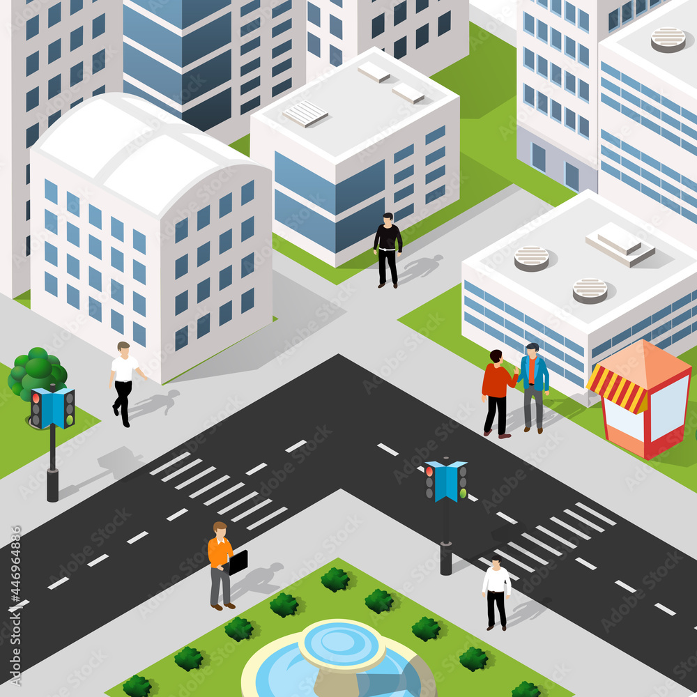 Lifestyle illustration of the city block with people, houses and streets