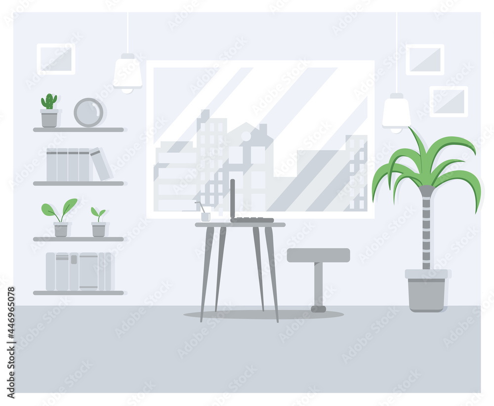 Fototapeta premium Student room banner with computer, table, window, plants and books at home in light color. Vector illustration in flat style