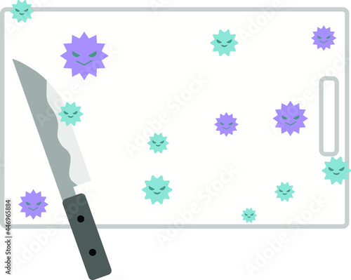 細菌が繁殖している不潔なまな板と包丁のイラスト