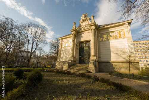 Krakow, Poland: Wide angle shot of Palac Sztuki translated to Palace of Art (1901) in Plac Szczepanski, first Art Nouveau building, inspired by ancient Greek temples, Old Town photo