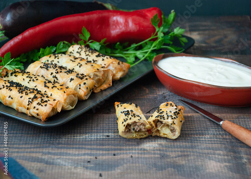 Burek. made from thin pita bread with meat, eggplant and pepper